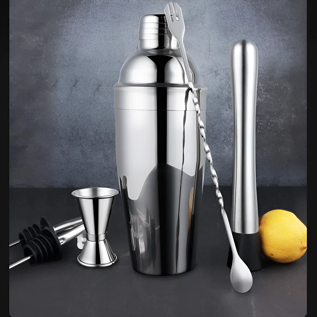 23-piece stainless steel cocktail set with European-style bar accessories including shaker, jigger, and mixing tools