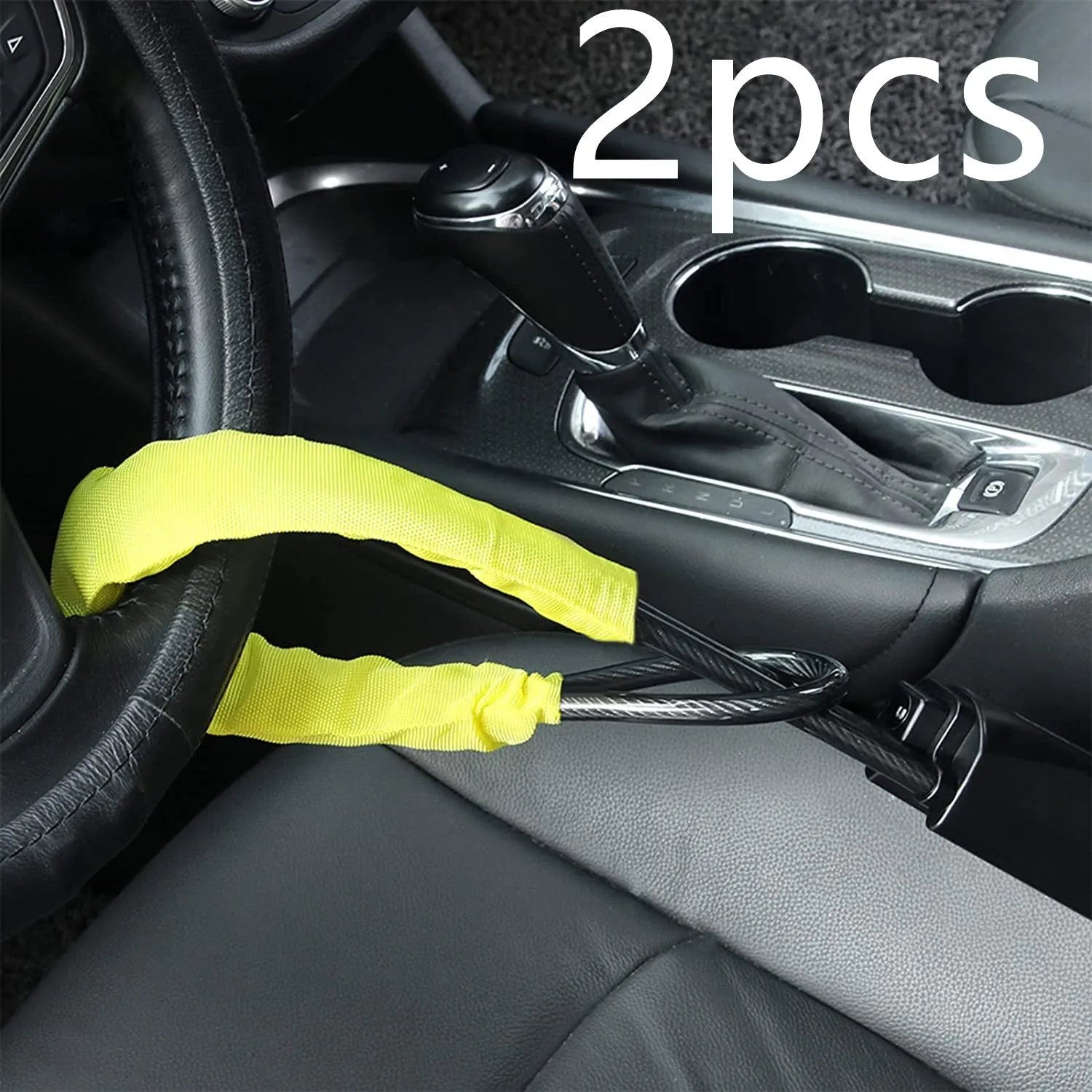 Red iron wire rope car steering wheel lock with key for General Motors vehicles.