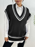 Women's loose-fit acrylic blend vest sweater in black, blue, or coffee, college style.