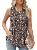Black plus-size sleeveless vest with floral print, round neck, and loose fit on a hanger.