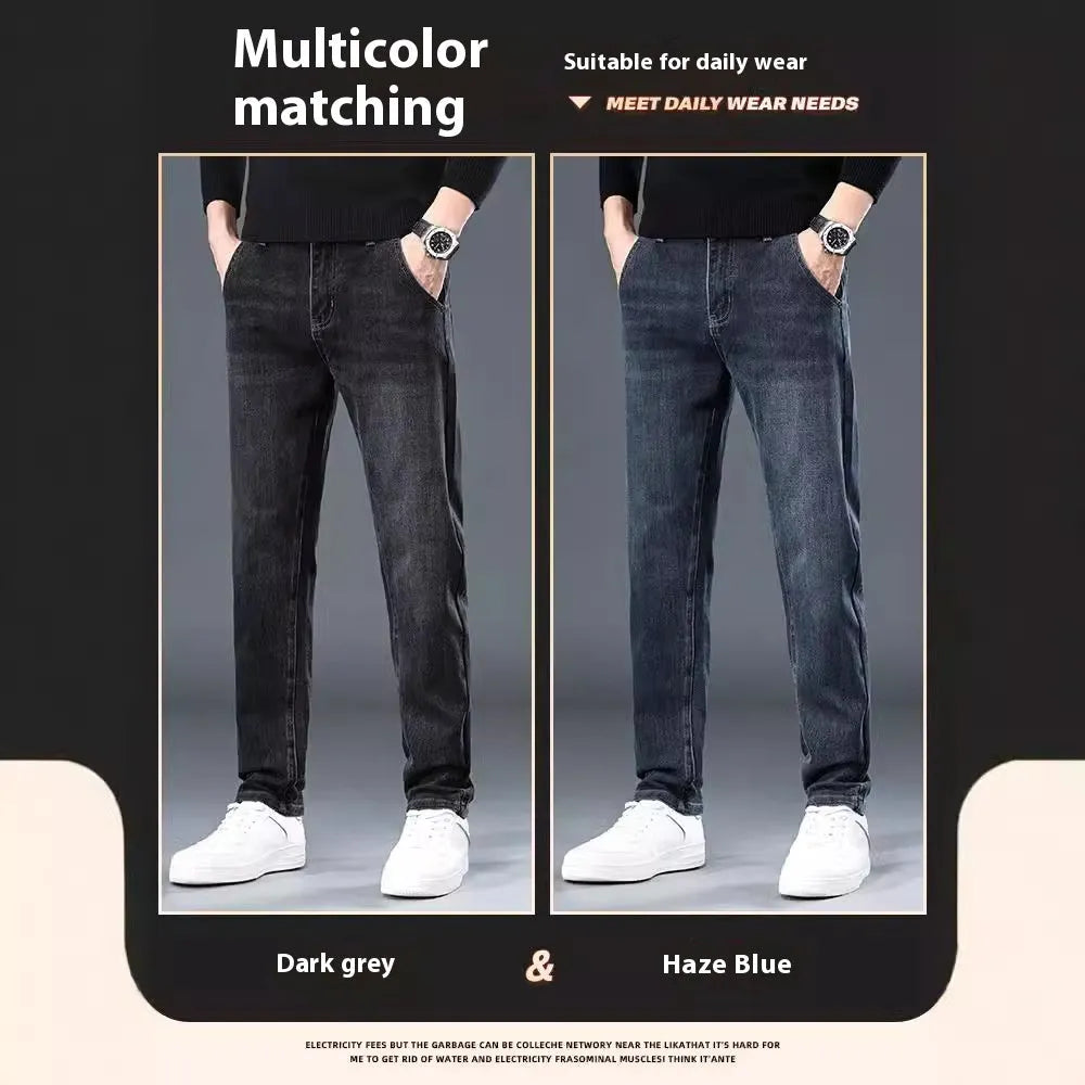 Men's slim straight casual trousers in thin polyester fabric shown in black and blue-grey colour options