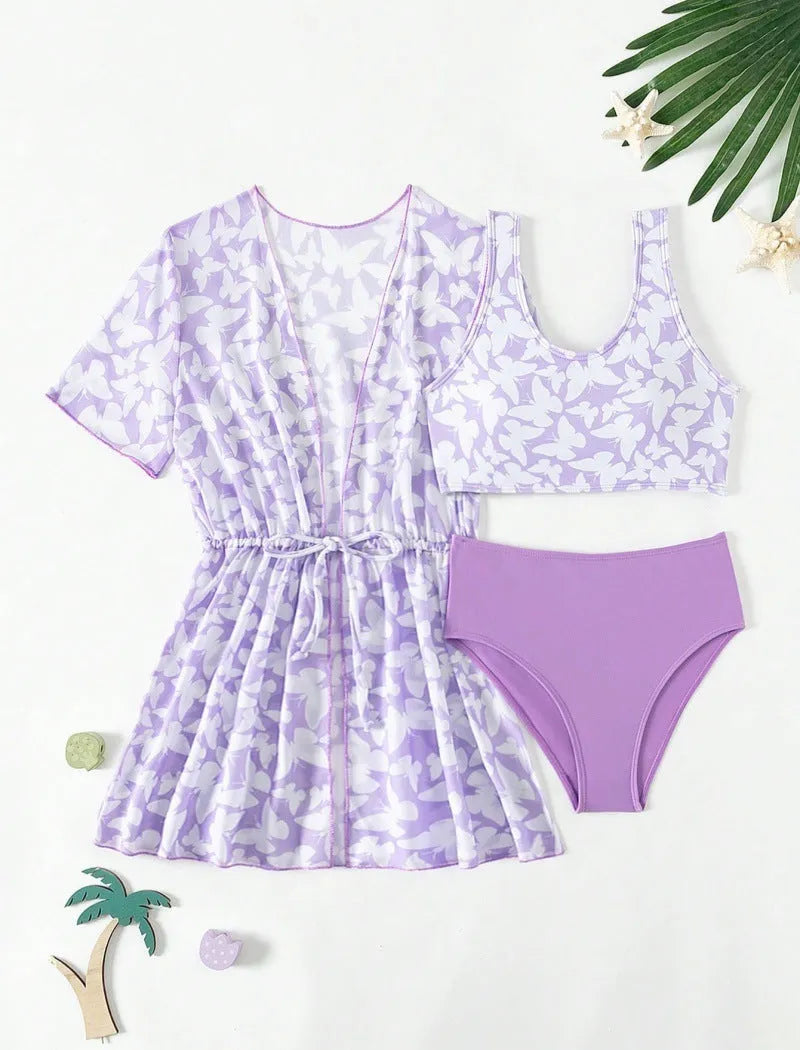 Girls' three piece print swimsuit set with coat, vest, and briefs in colour 3218