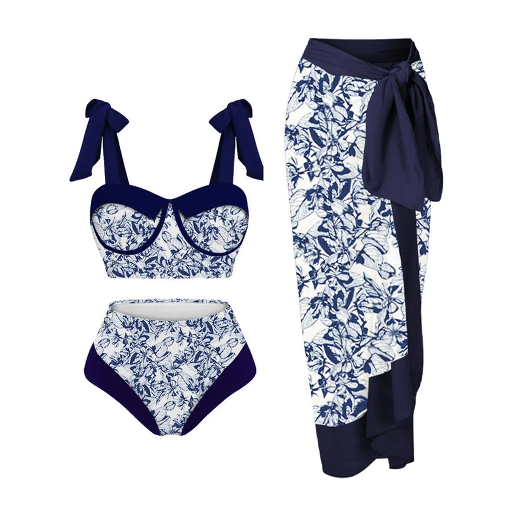 Women's printing split swimsuit three-piece set in a floral pattern, showing skirt, bra, and panties.