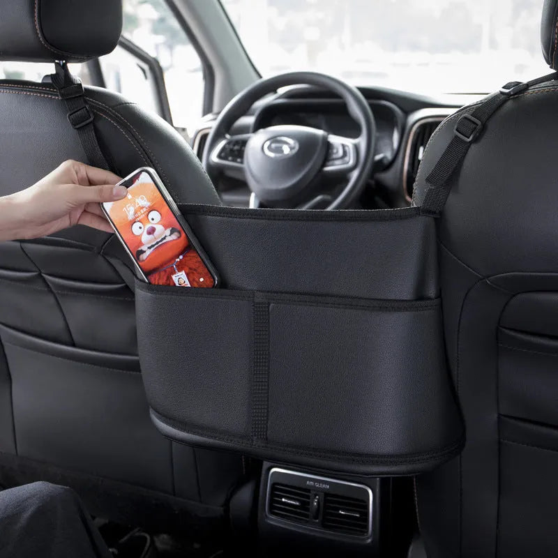 Black leather car seat storage organiser with sports carbon fibre pattern measuring 38x24x15cm