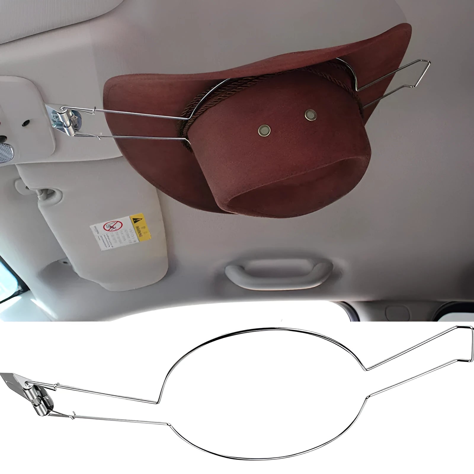 Brown chrome-plated iron hat stand for use inside a car.