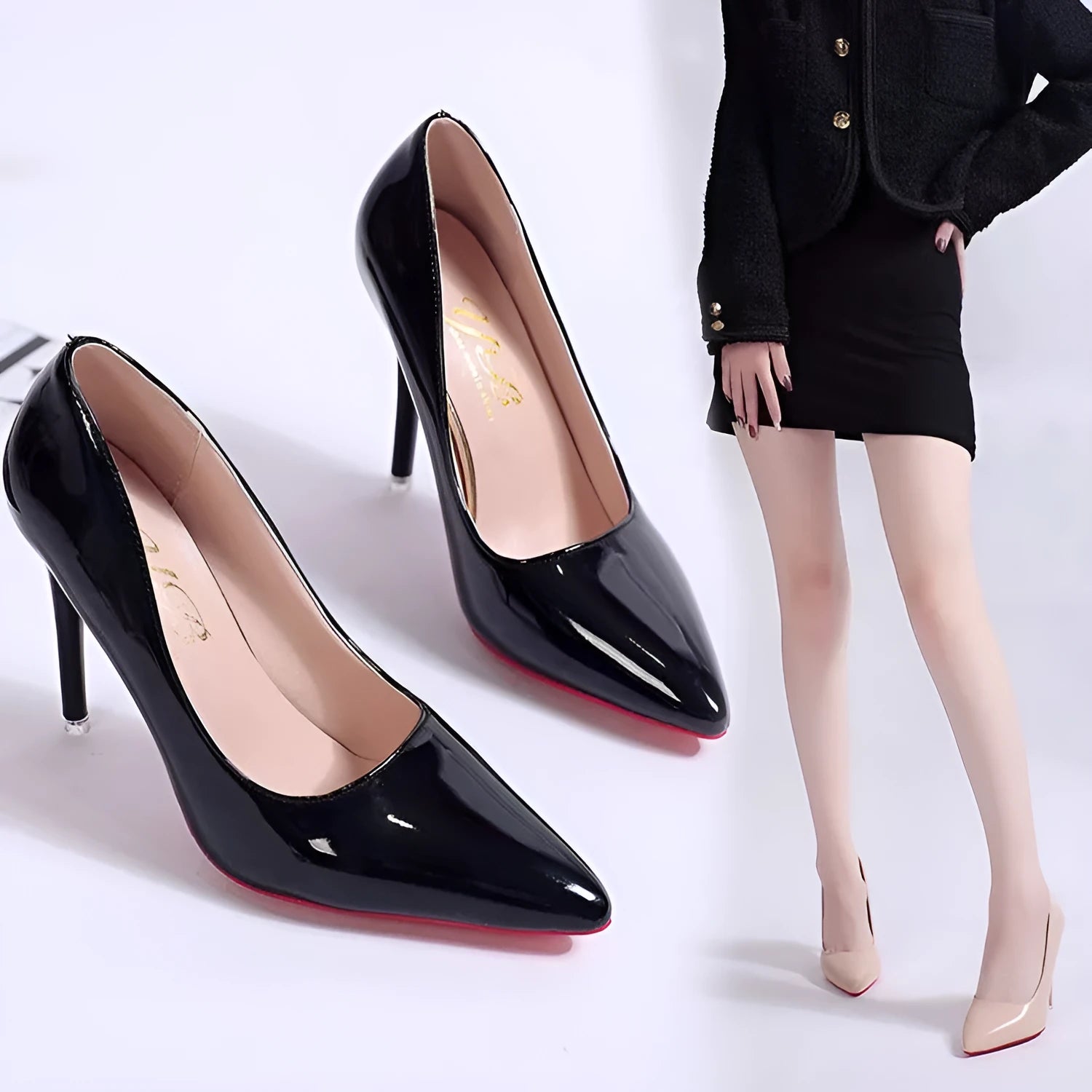 Solid colour women's stiletto pump with pointed toe and shallow mouth design on a rubber sole.