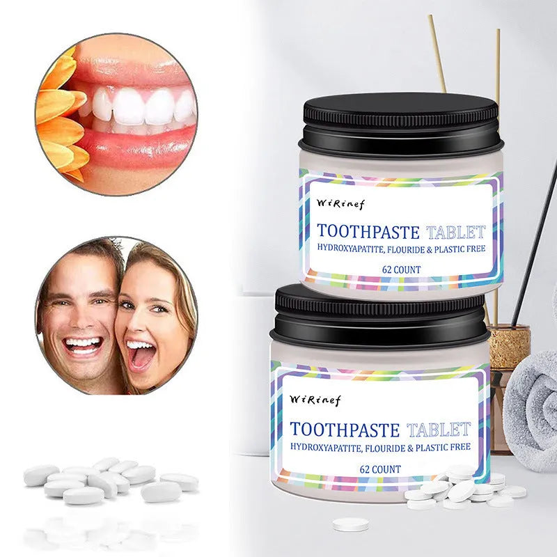 62 solid toothpaste tablets in TP19 formulation for portable oral cleaning