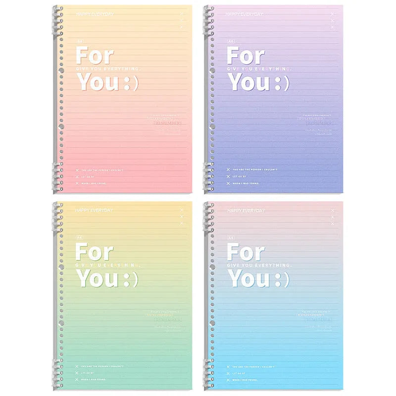 Removable coil gradient notebook in A4 size with blue cover, open to show wood-free paper pages.