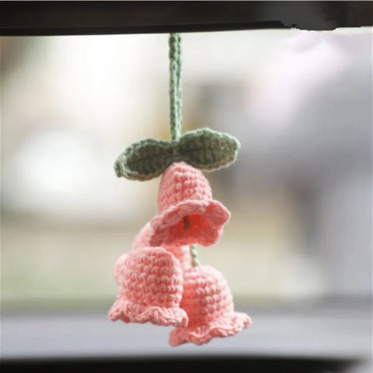 Green and white knitted wool car plant decoration with 8cm base and 25cm hanging rope