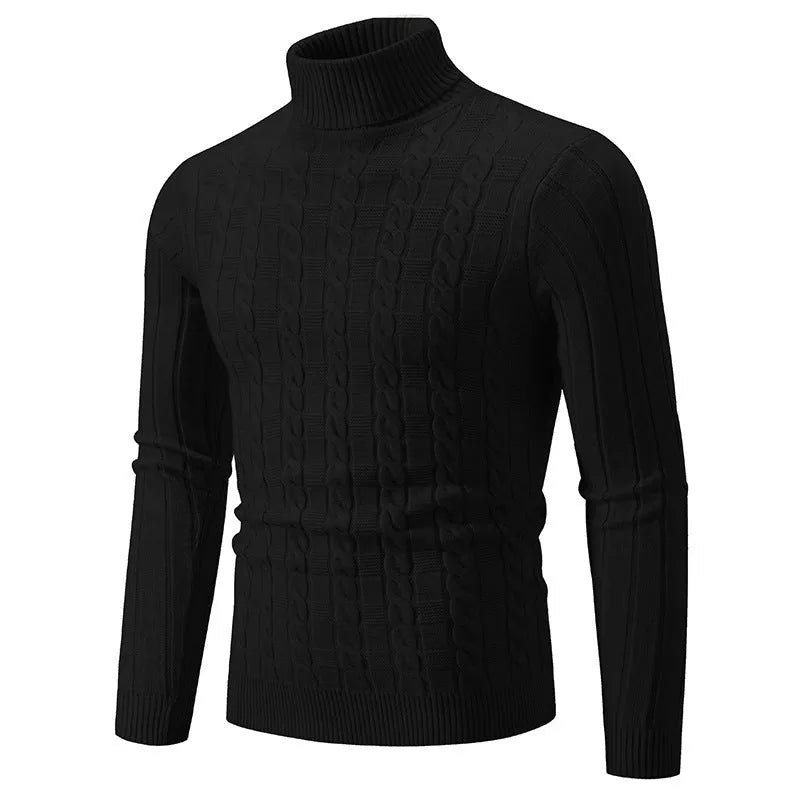 Men's slim-fit chenille turtleneck pullover in milky white, showing the twist design and spandex blend fabric.