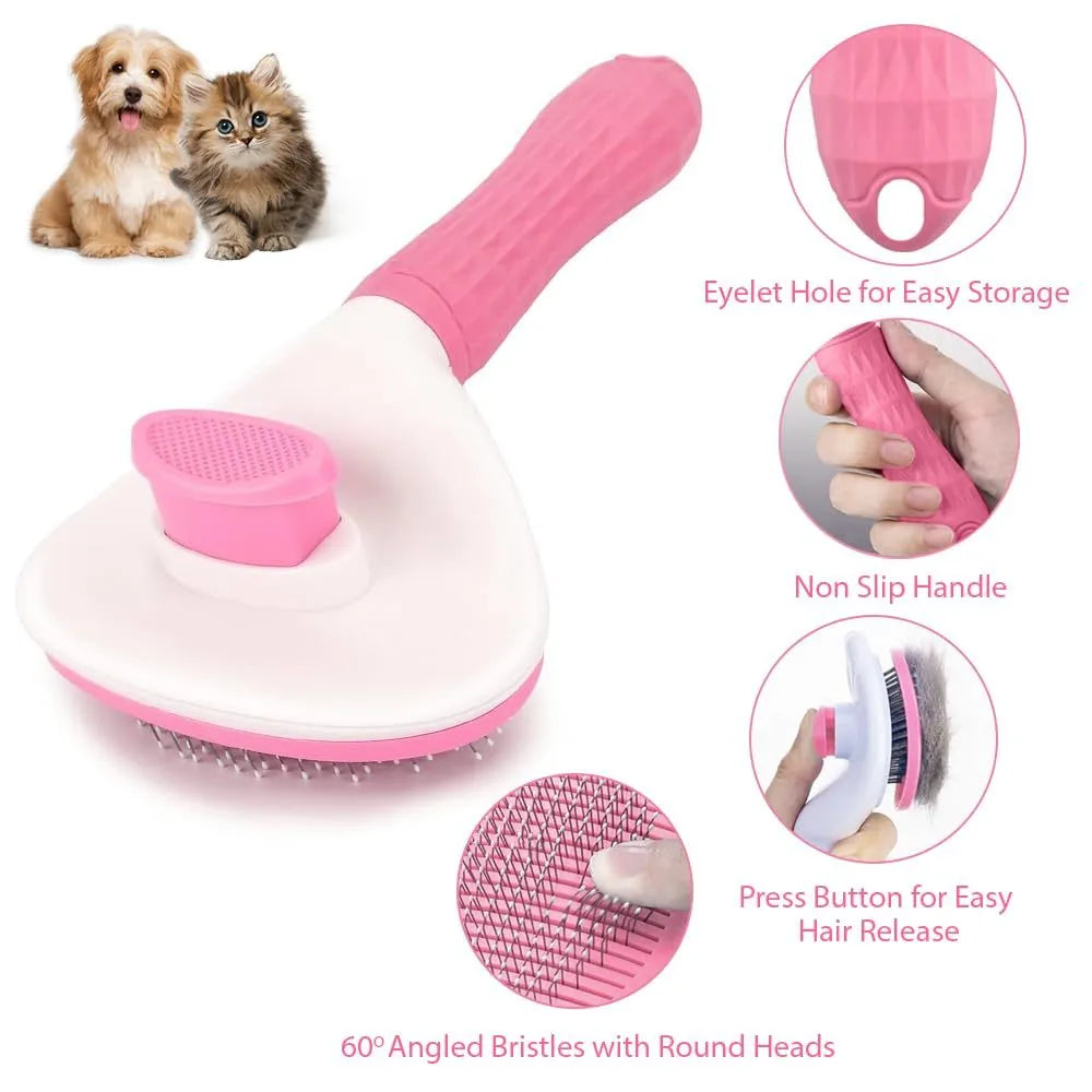 Blue, grey, or pink cat brush with a release button and fine wire bristles for pet grooming.
