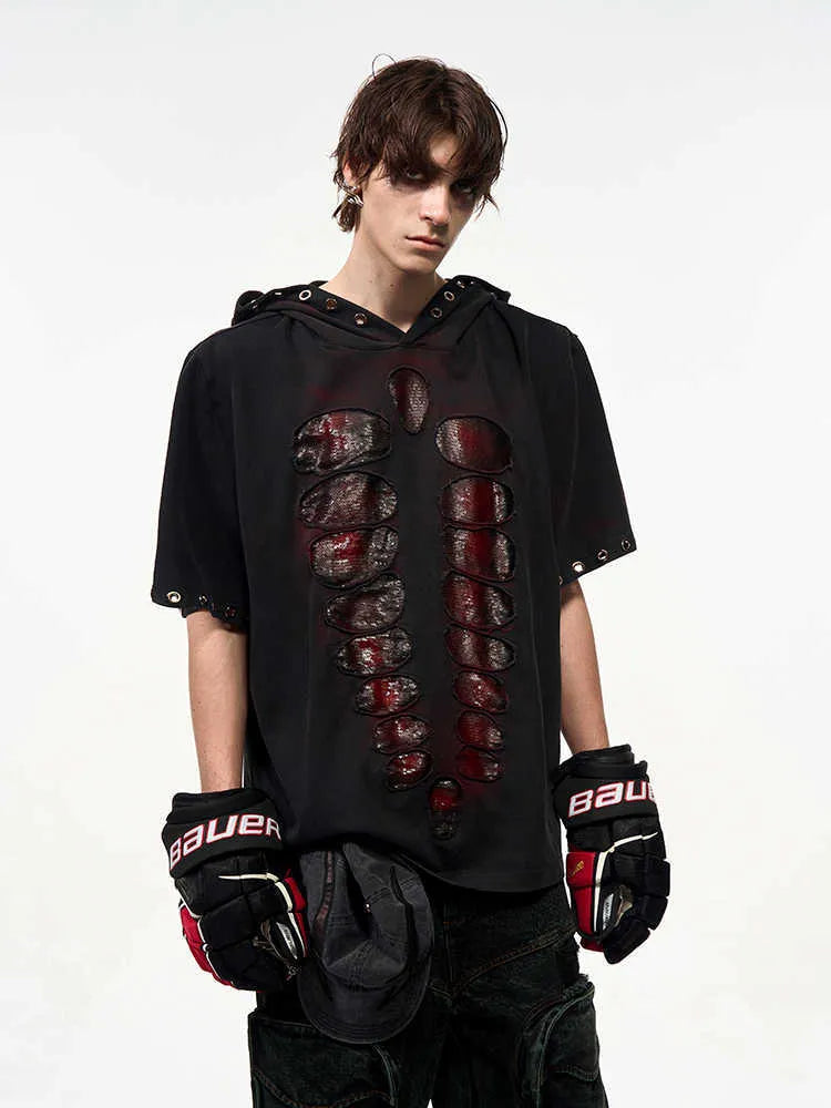 Black hooded short-sleeved T-shirt with sequin decoration in loose-fitting men's cut