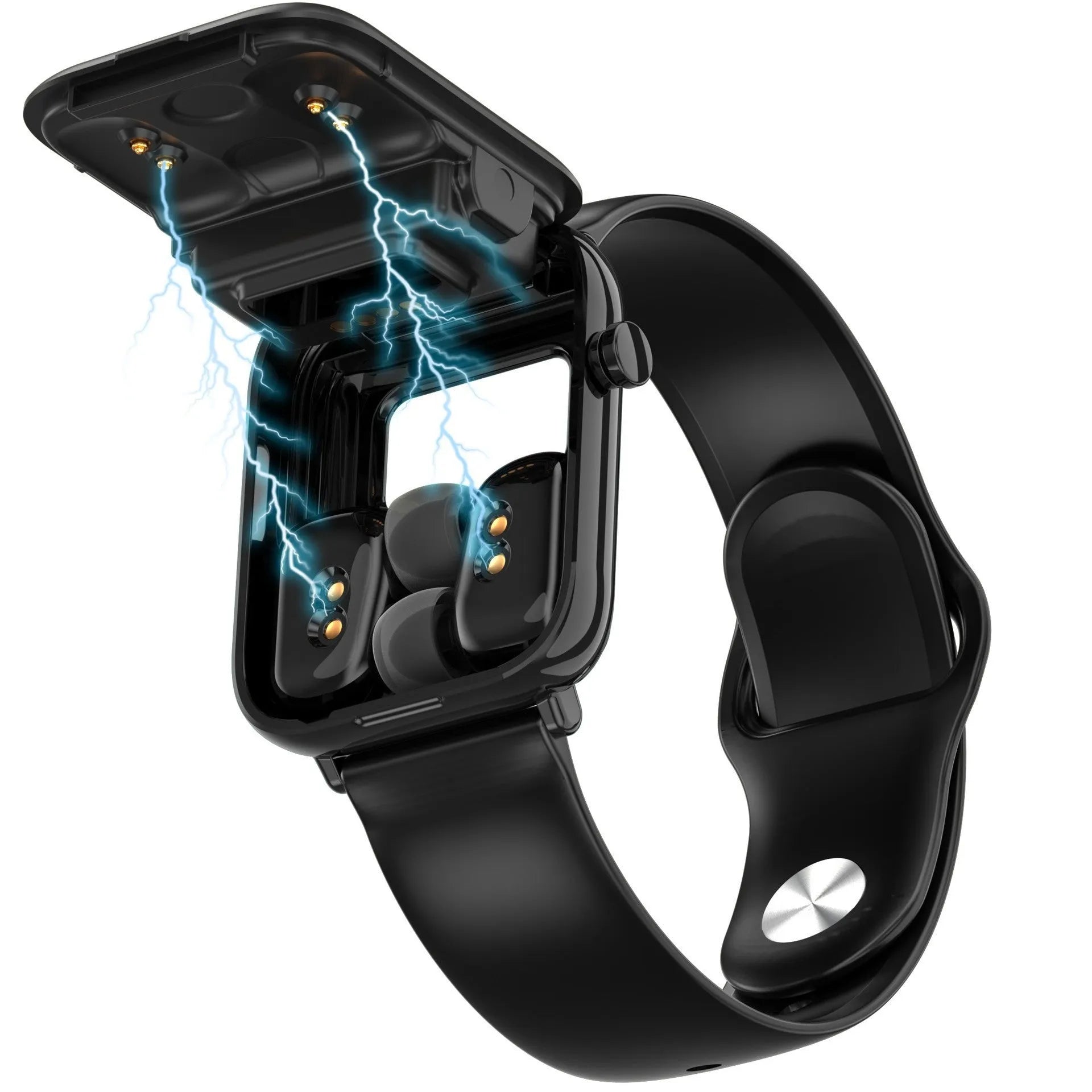 Black smartwatch with 1.69 inch screen and TWS wireless earbuds in charging case