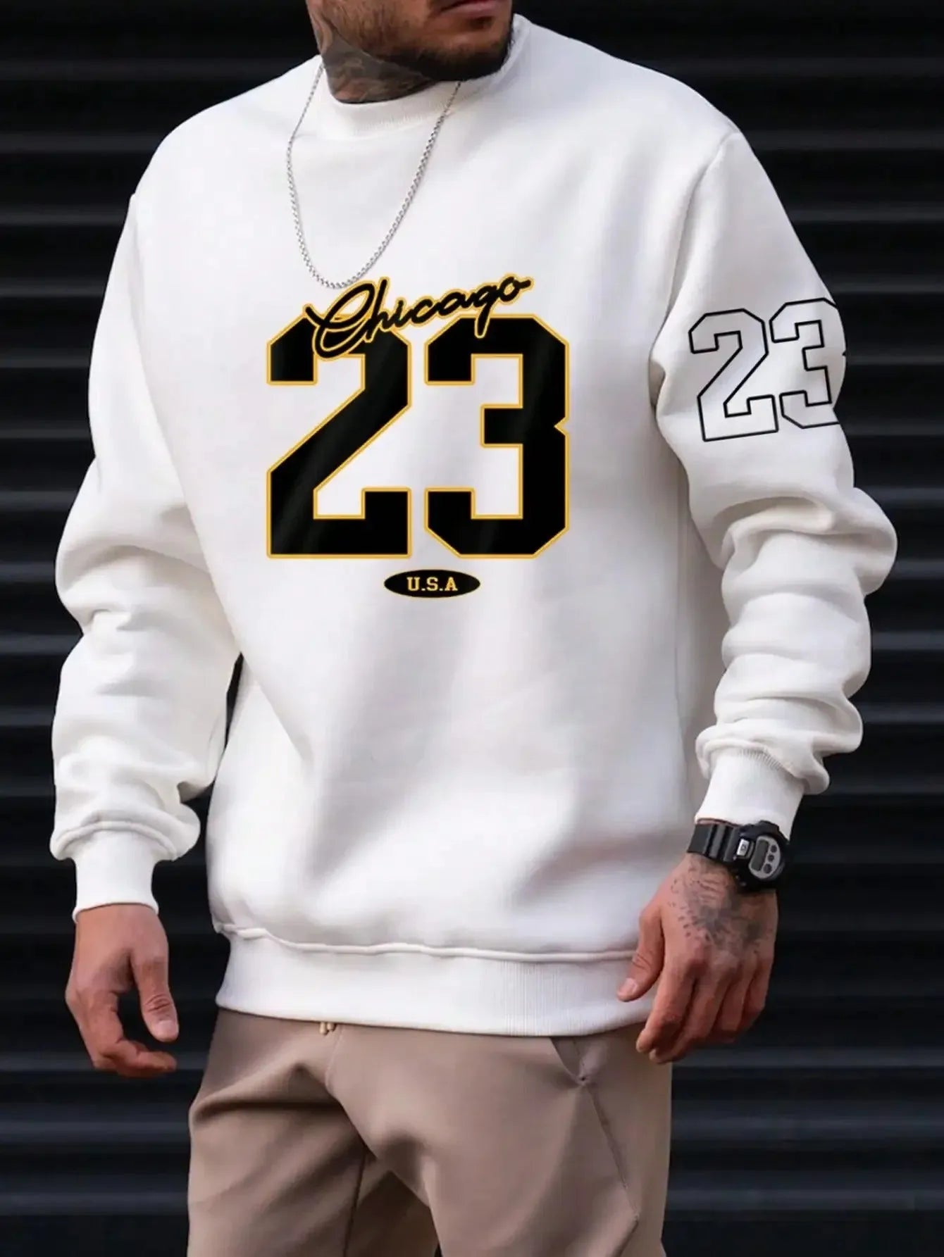 Men's art letter design fleece sweatshirt pullover in black, front view