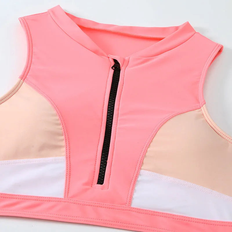 Pink high waist split bikini swimsuit with brief style and sleeveless design
