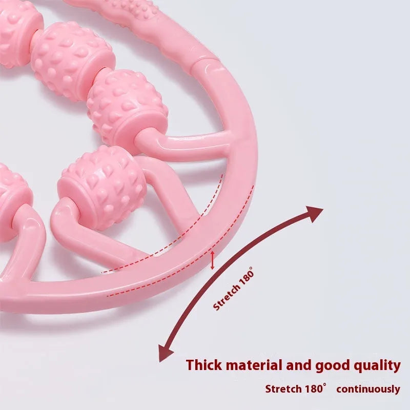 Ring clip leg massager roller with multiple plastic wheels for muscle relaxation.