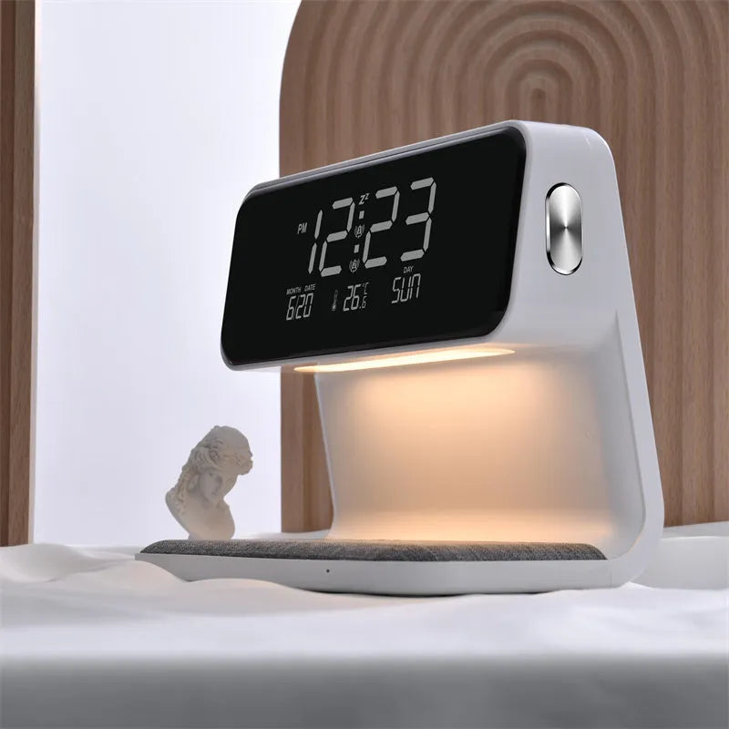 White 3-in-1 bedside lamp with wireless charging pad, LCD clock screen, and fabric-effect ABS shade.