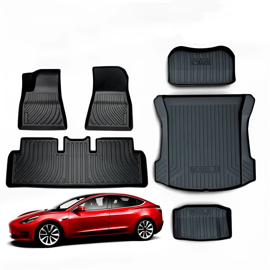 Heavy-duty rubber floor mats for Tesla cars with TPE footrest section.