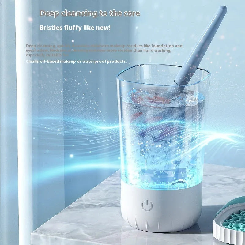 White rechargeable electric makeup brush cleaner with rotating head and USB cable