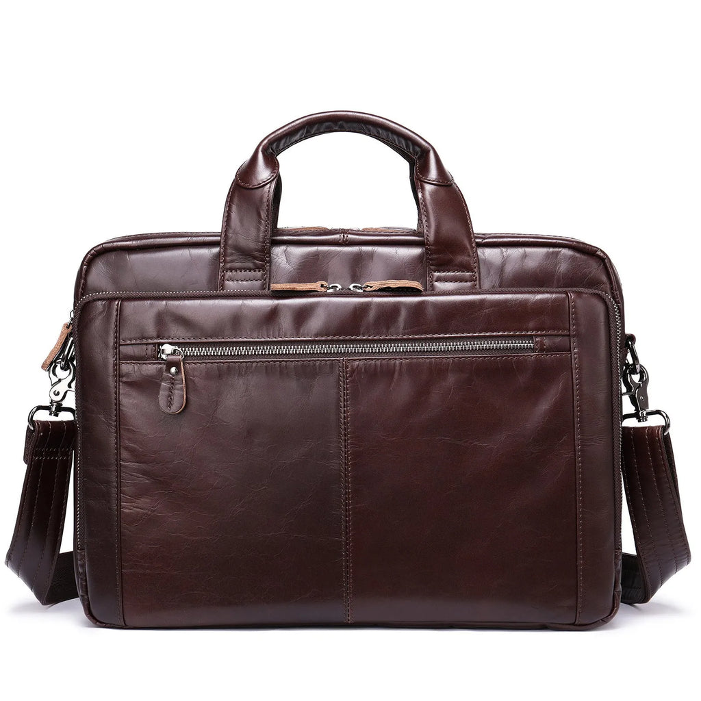 Men's hand-carrying genuine leather briefcase in coffee colour with retro styling for business travel