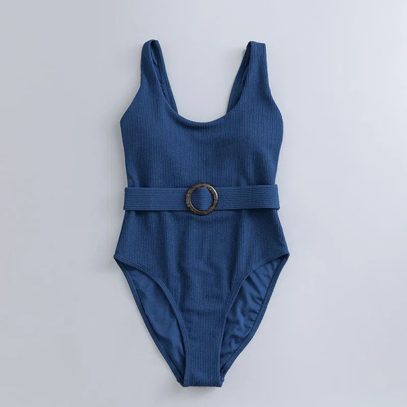 Navy blue women's one-piece slimming swimsuit with triangle neckline and removable chest pad.