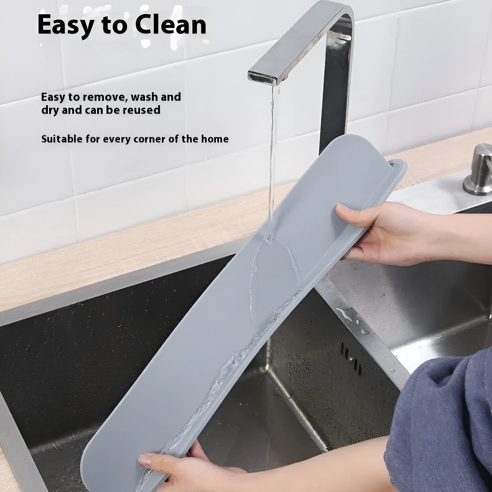 Silicone kitchen sink water blocking plate in three colour options: black, blue and grey