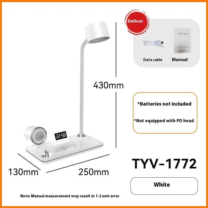 White and black intelligent wireless charging lamp with digital time display on desk