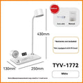 White and black intelligent wireless charging lamp with digital time display on desk