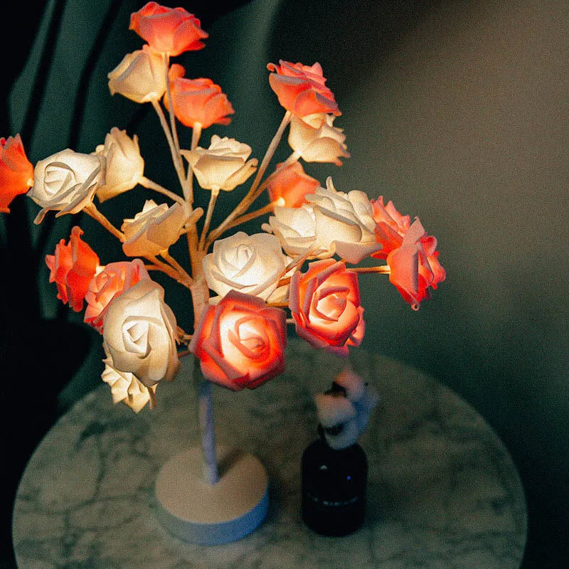 White and red rose flower LED table lamp with USB and battery power options