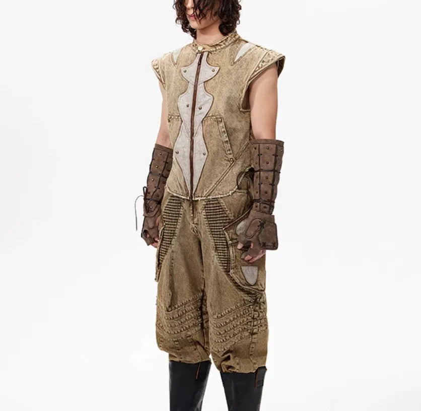 Men's Korean style cotton denim pleated vest with water wash finish in picture colour