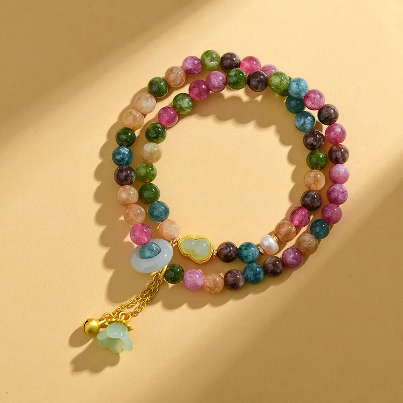 Women's double circle bracelet with chalcedony beads and geometric design