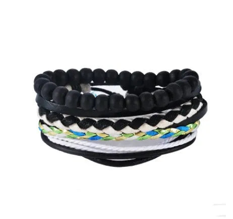Handwoven leather bracelet with wooden beads and adjustable closure on wrist
