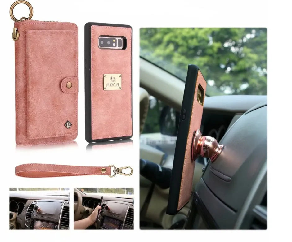 Black imitation leather wallet phone case with zip closure for Samsung Galaxy Note8.