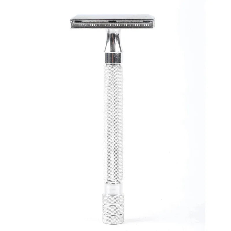 Traditional manual shaving razor and brush set in black or silver finish for beard grooming