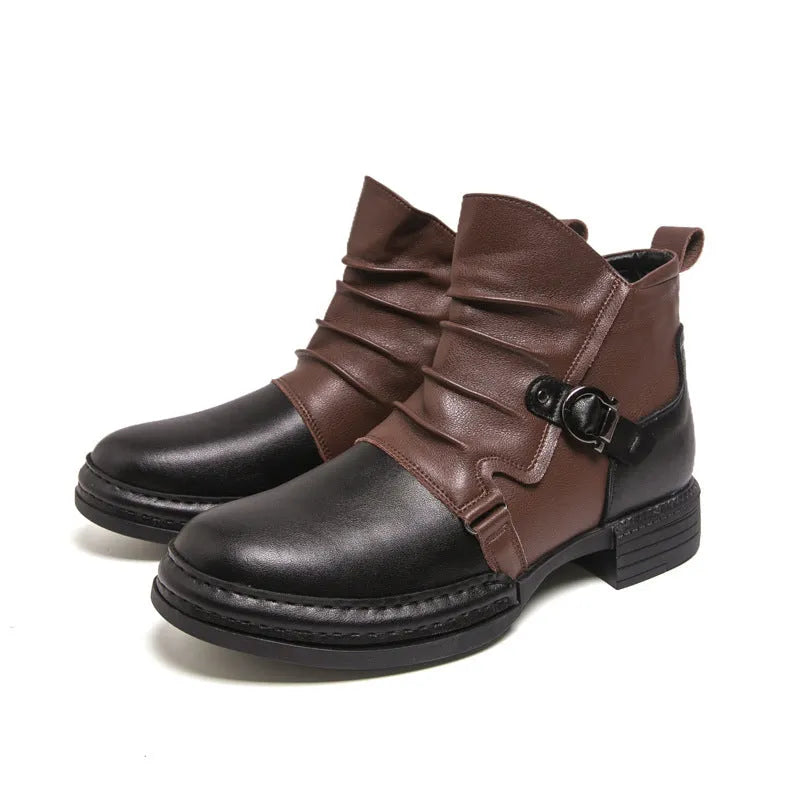 Men's British style martin booties in brown with side zipper, artificial PU upper, and rubber sole