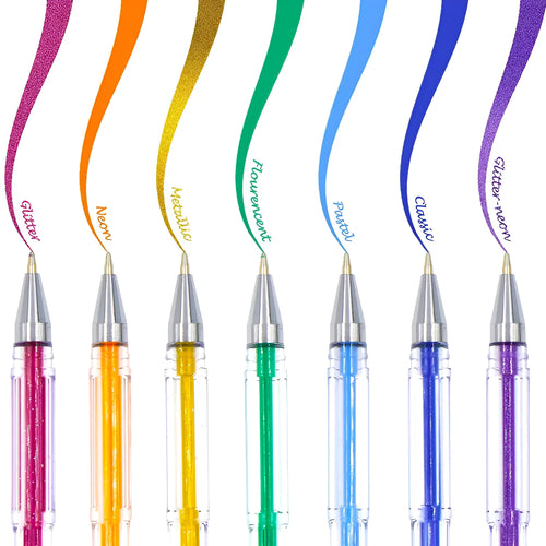 100 colour gel pen set with plastic bodies showing assorted colours and dual tip sizes