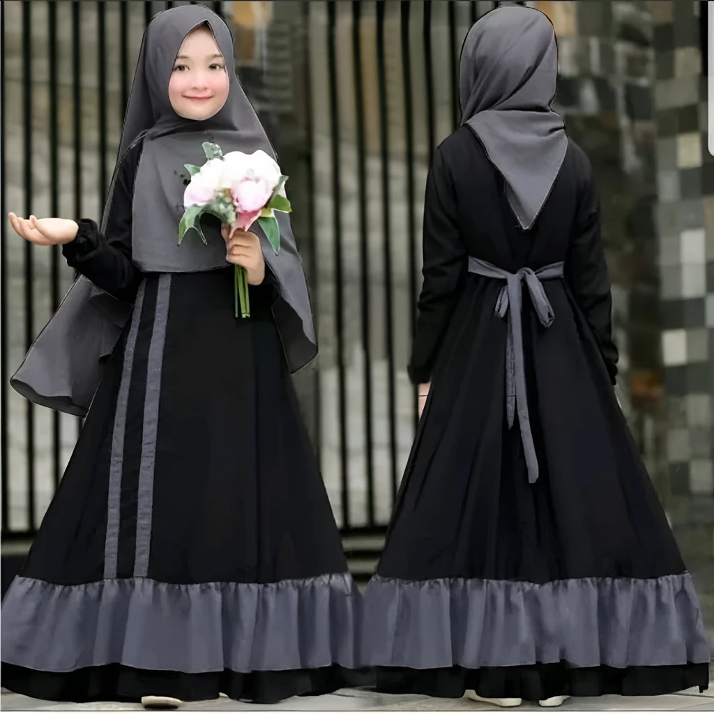 Girls' long sleeve cotton solid colour dress two-piece set with headscarf in black or red for spring autumn