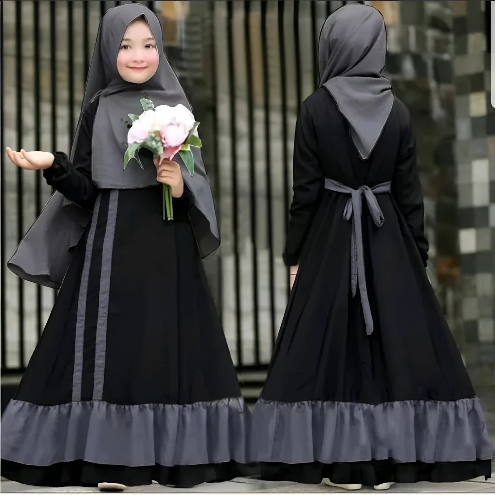 Girls' long sleeve cotton solid colour dress two-piece set with headscarf in black or red for spring autumn