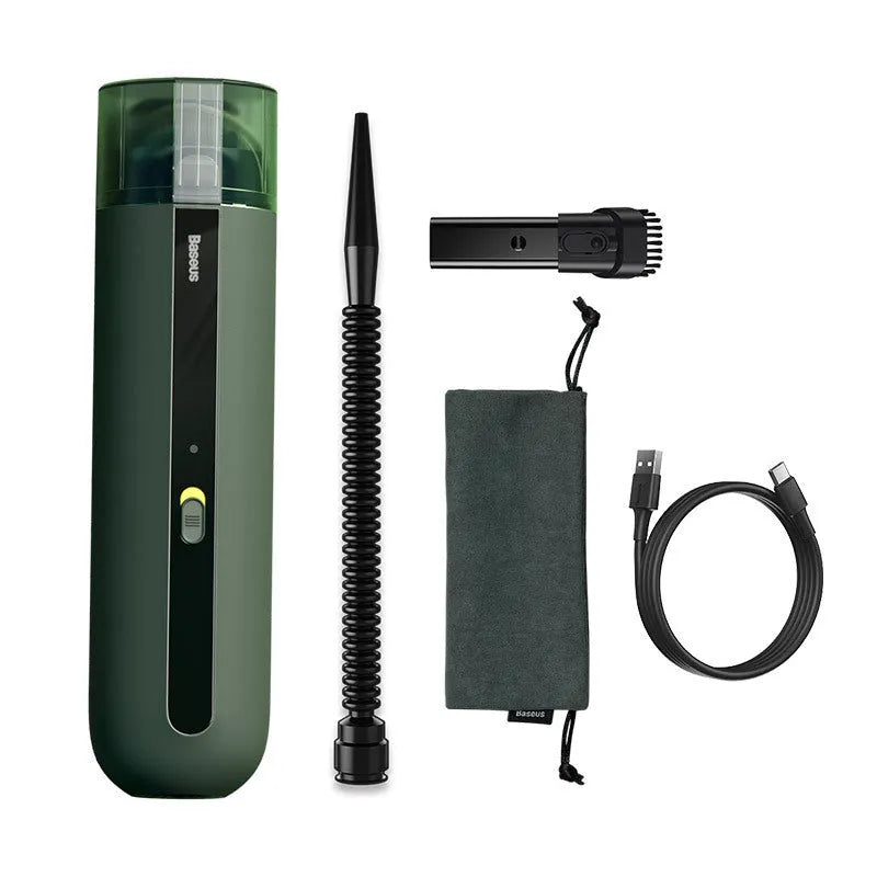 Baseus handheld cordless car vacuum cleaner in black, white, or green with blowing hose accessory.