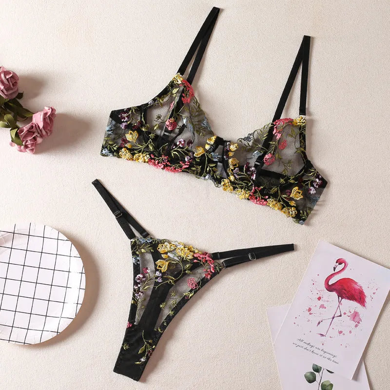 Women's floral mesh bra with steel ring T-back in multiple colours