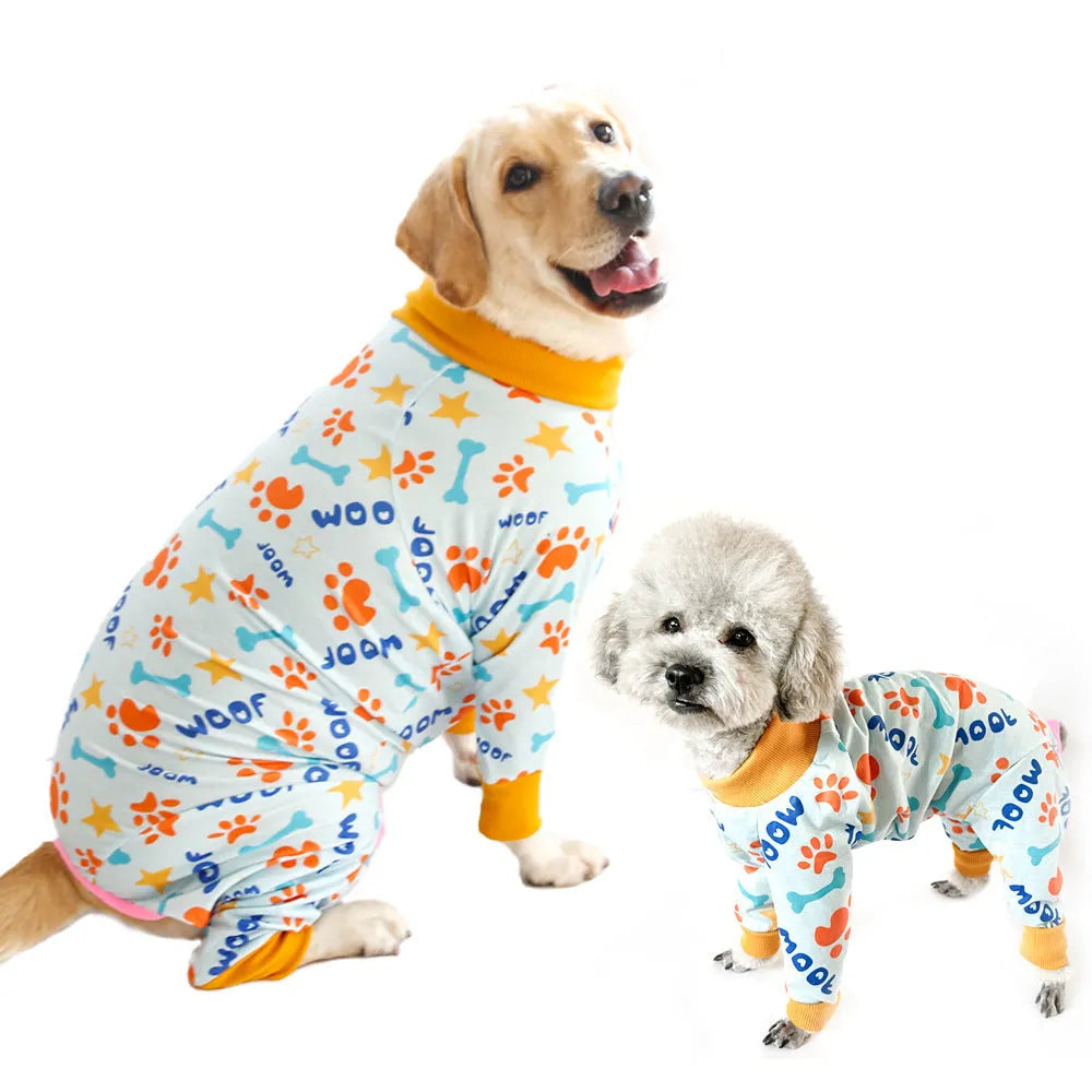 Cotton dog jumpsuit four-legged pet clothing in a colour from the CF26-CF33 range, shown on a mannequin.