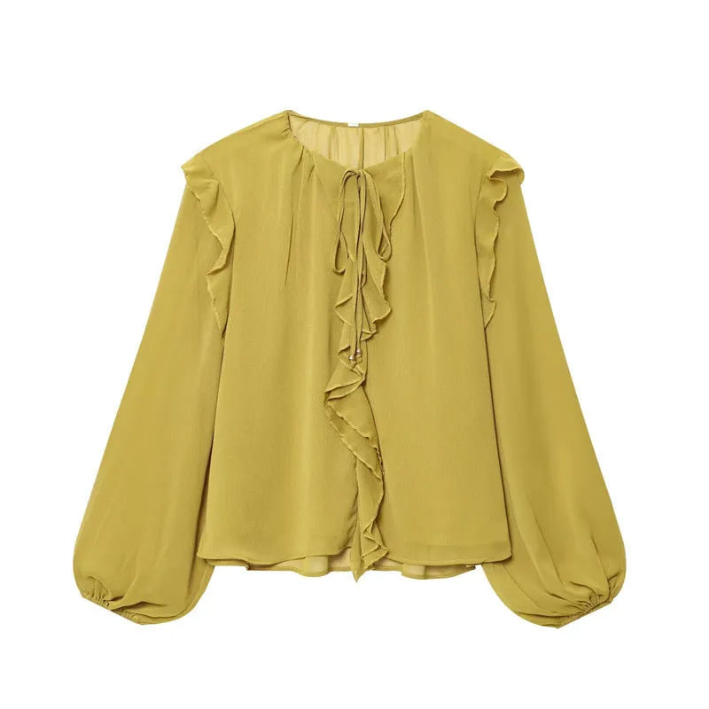 Women's yellow ruffled laminated decorative shirt with plants and flowers print, pullover long sleeve top in polyester spandex