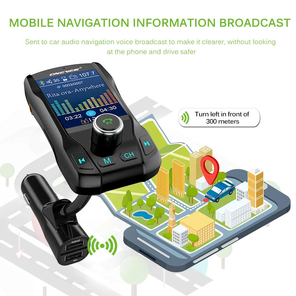 Black car Bluetooth FM transmitter with colour screen and dual USB ports plugged into a car power socket.