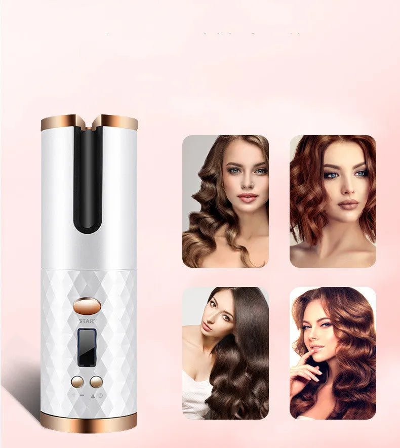 Rechargeable automatic rotating hair curler with LCD display in pink, grey, white, or black.