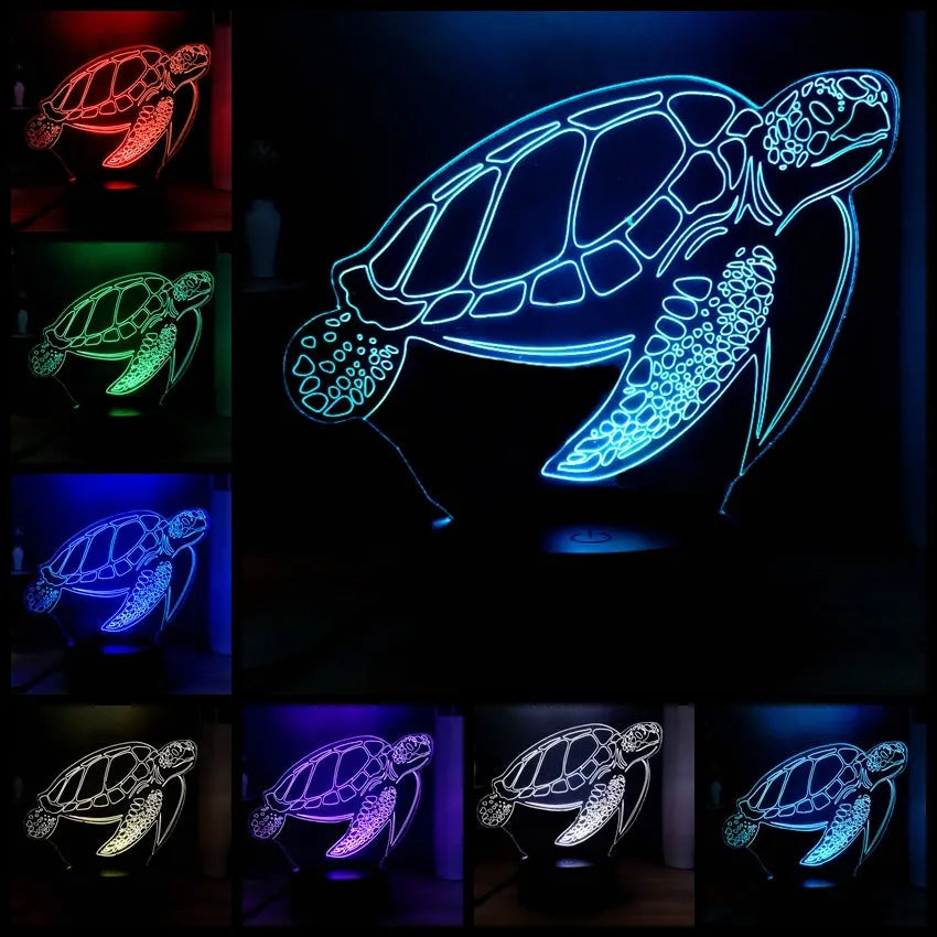 A glowing 3D acrylic turtle-shaped LED night light on a surface, showing its detailed sculpture and soft coloured light.