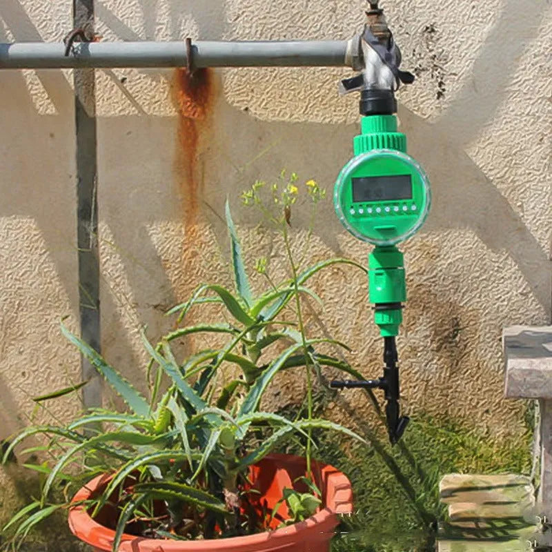 Green automatic watering timer device for garden drip irrigation systems