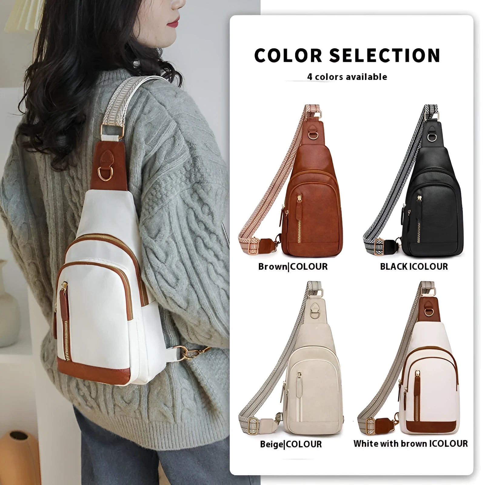 Women's soft brown PU leather crossbody chest bag with an open front pocket.