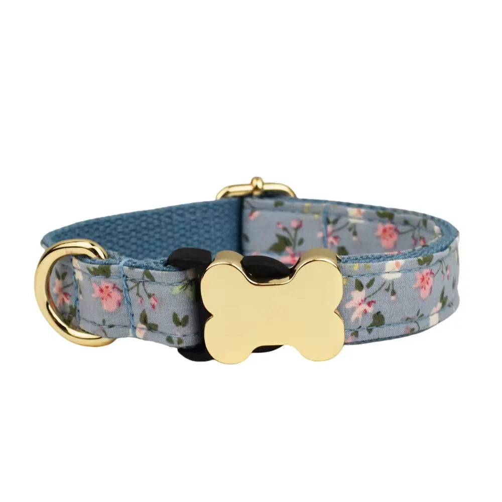 Flat printed grid nylon dog collar with a bone-shaped buckle in multiple colours