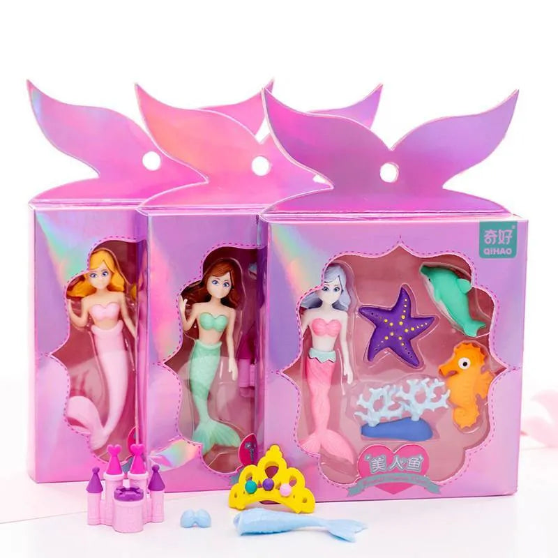 Flower Fairy decorative eraser suit set showing twelve TPR rubber erasers with fairy and mermaid designs