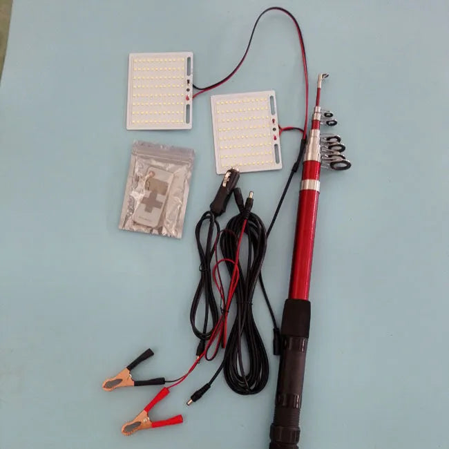 White LED fishing rod light unit mounted on a tall telescopic pole with a remote control